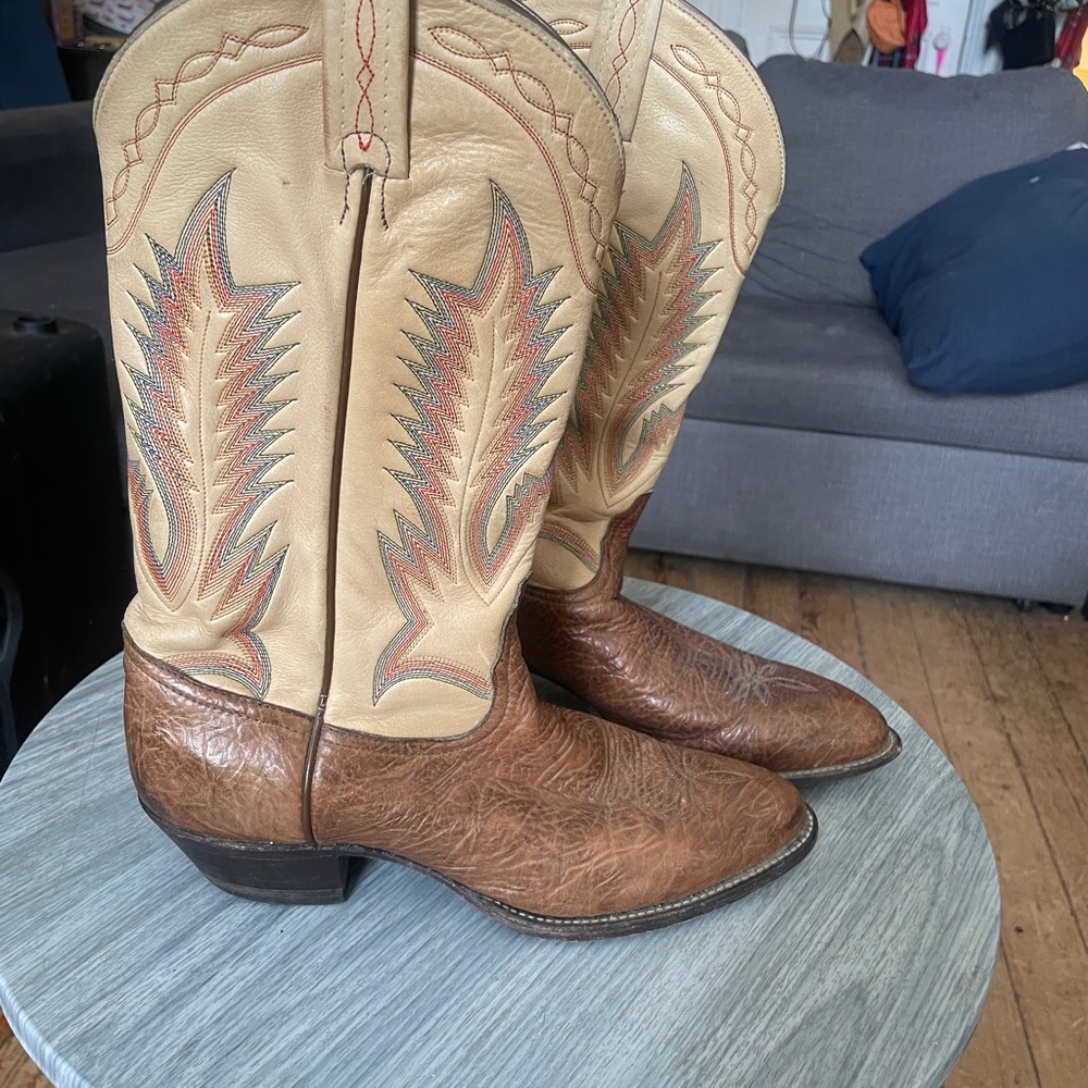 Vintage Tony Lama Brown and Tan Cowboy Boots with Stitched Design